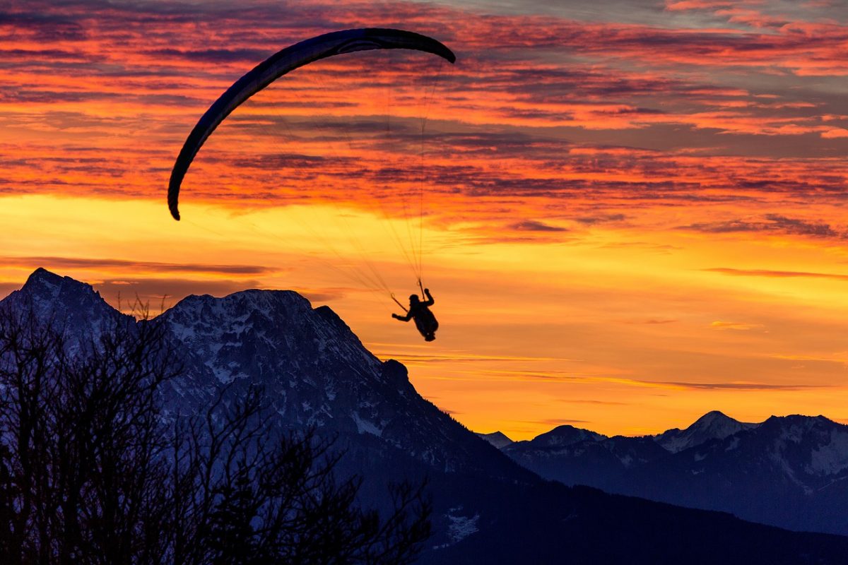 paraglider, parachute, sunset